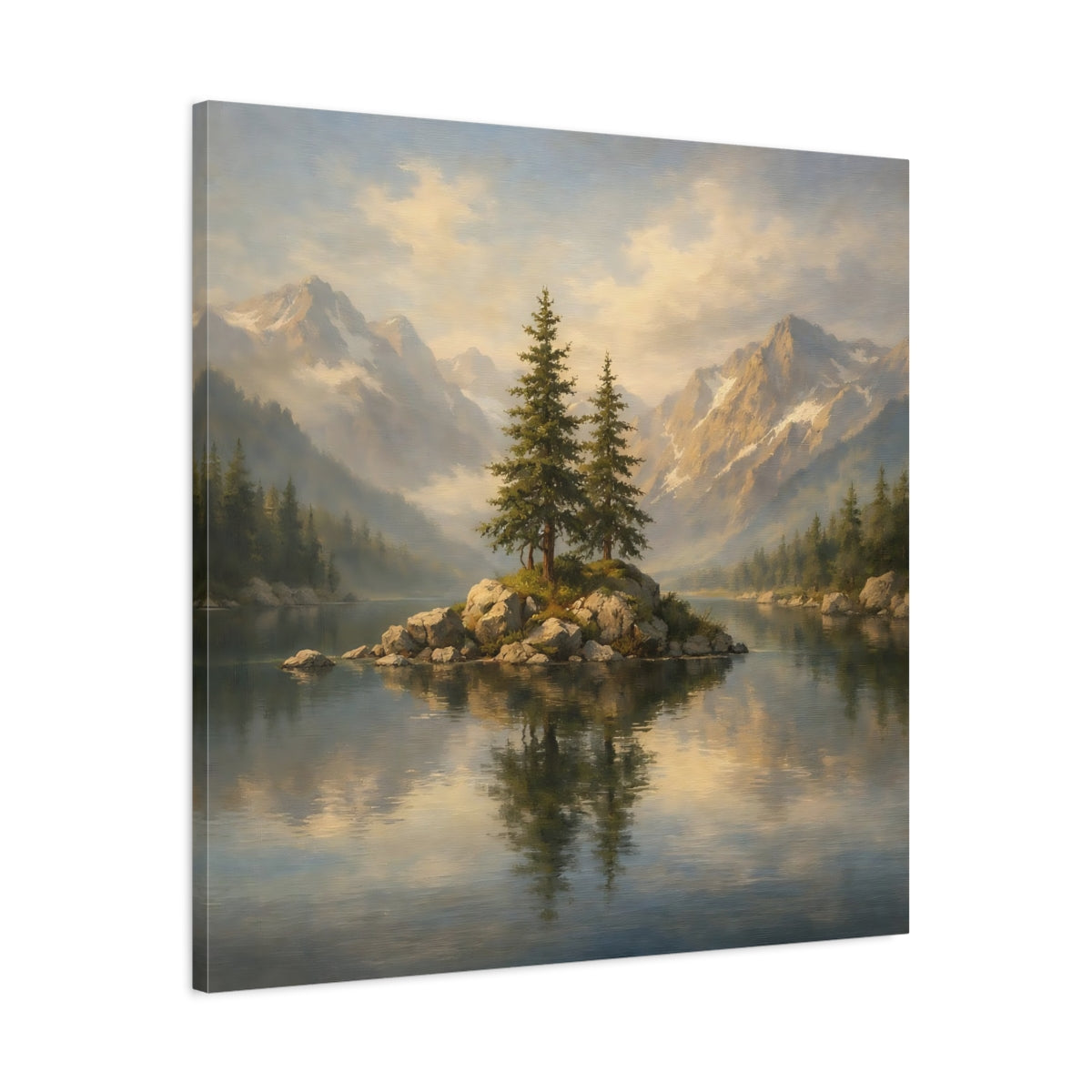Side Mockup 3. Nature Mountain Lake Mountain Lake shown as stretched canvas wall art