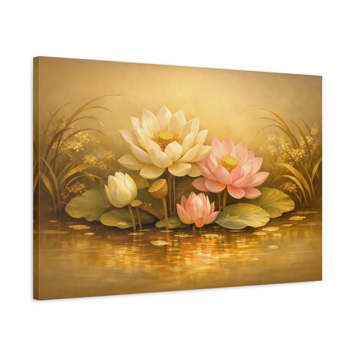 Floral Golden Water Lotus Flowers Nature - Canvas Wall Art Print