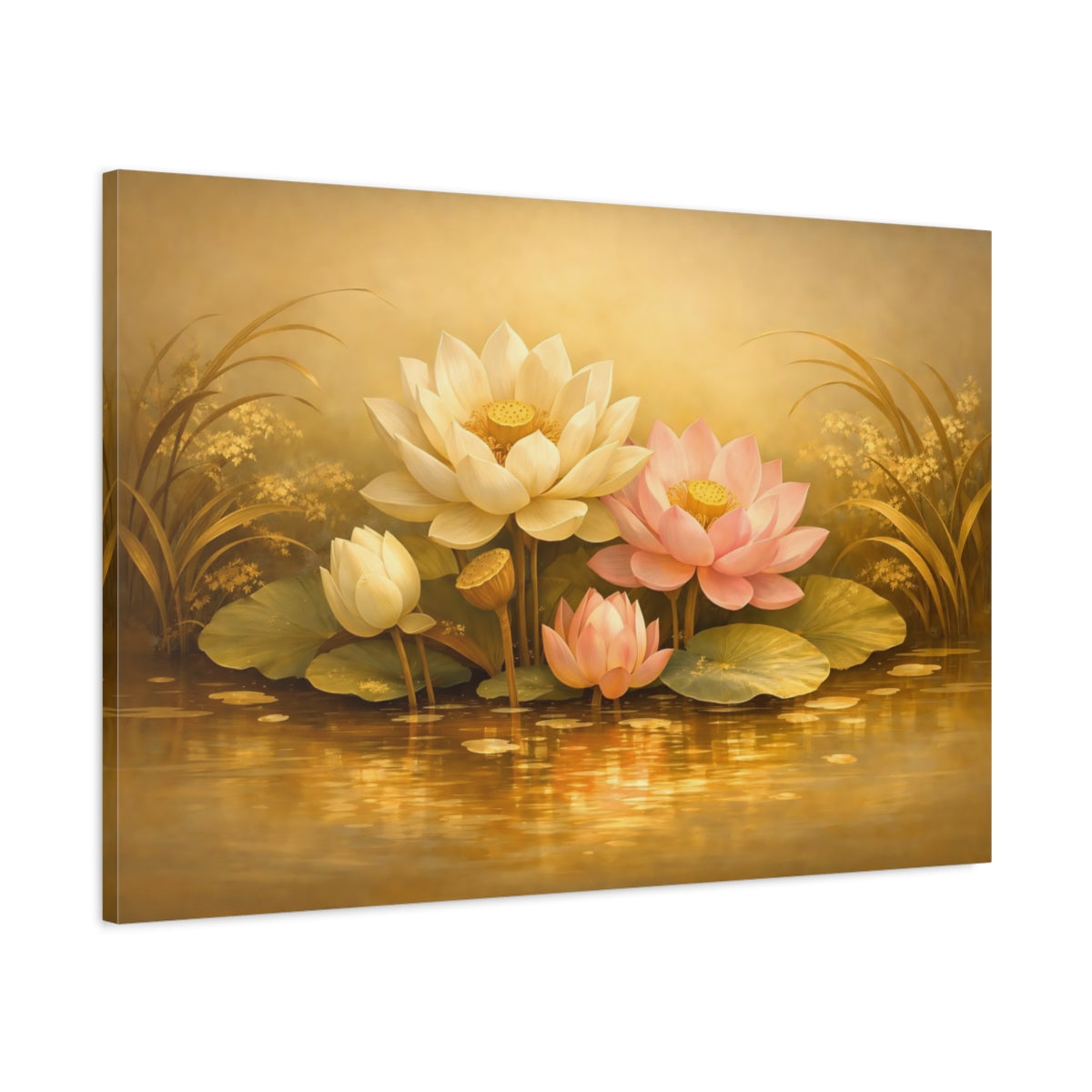 Floral Golden Water Lotus Flowers Nature - Canvas Wall Art Print