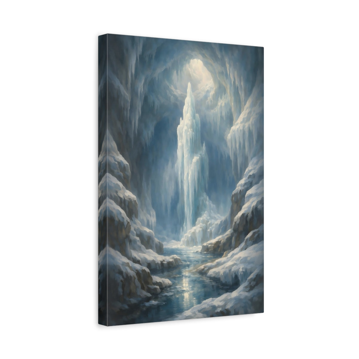 Side Mockup 4. Nature Icy Cave Blue Winter Landscape shown as stretched canvas wall art