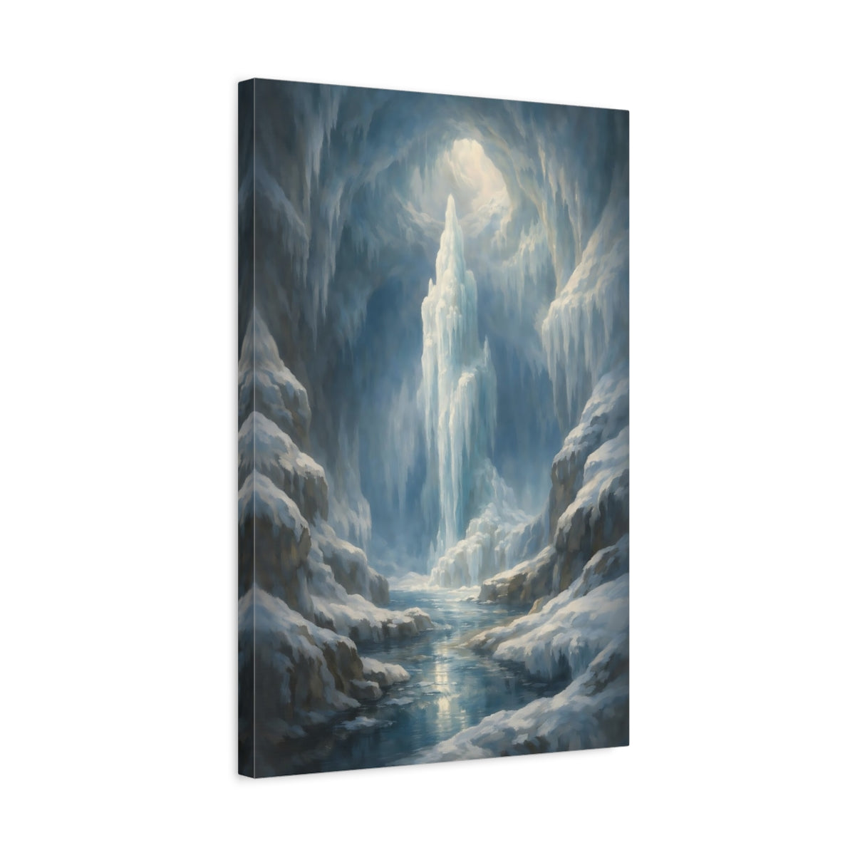 Side Mockup 3. Nature Icy Cave Blue Winter Landscape shown as stretched canvas wall art