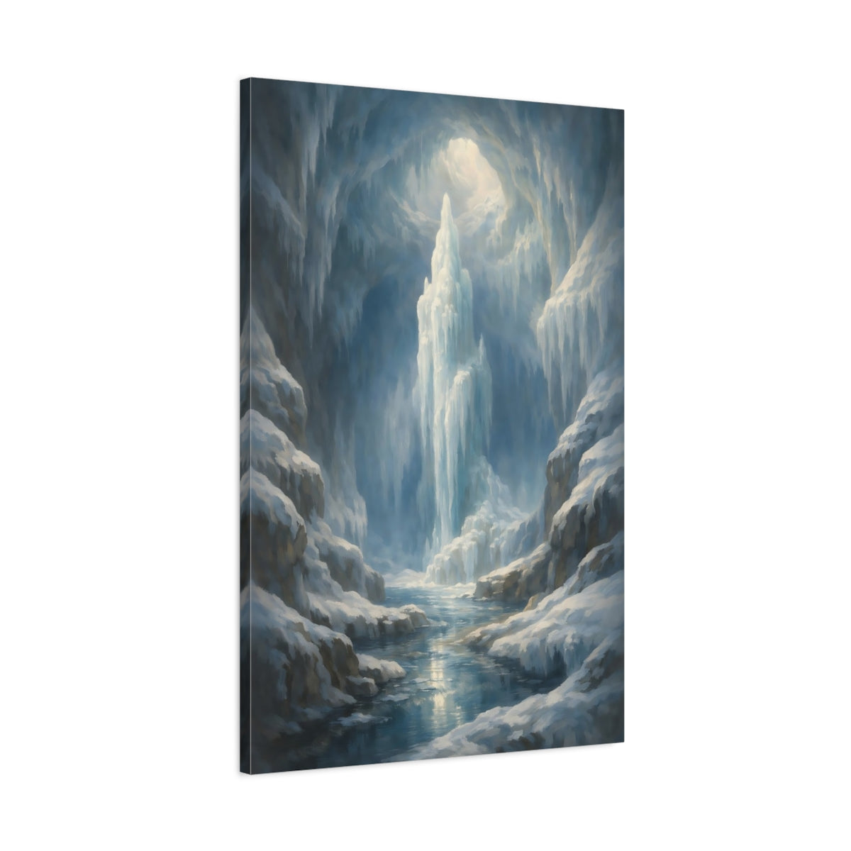 Side Mockup 1. Nature Icy Cave Blue Winter Landscape shown as stretched canvas wall art
