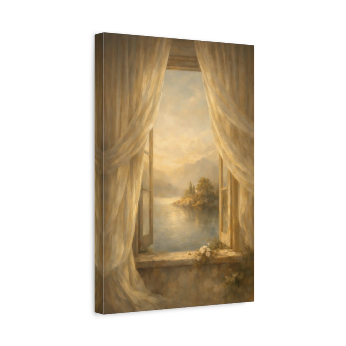 Side Mockup 4. Nature Lake View Warm Golden Lake shown as stretched canvas wall art