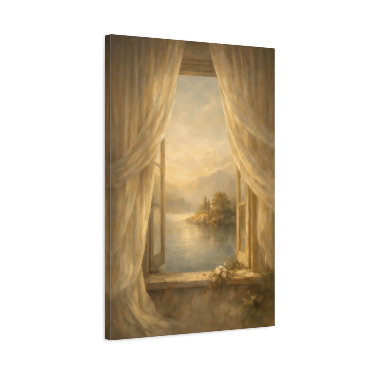 Side Mockup 2. Nature Lake View Warm Golden Lake shown as stretched canvas wall art