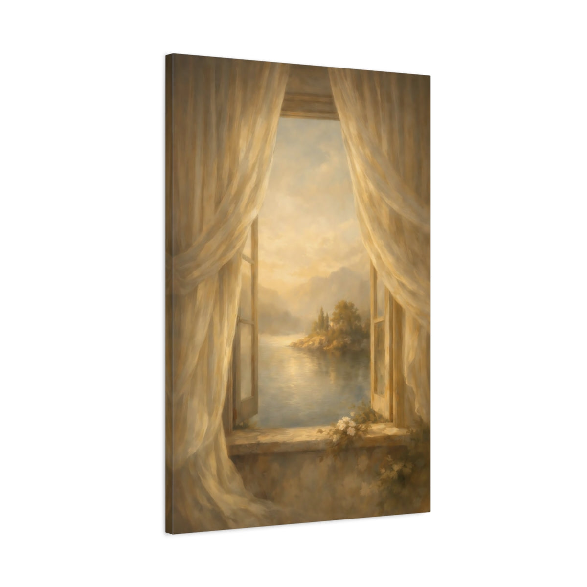 Side Mockup 1. Nature Lake View Warm Golden Lake shown as stretched canvas wall art
