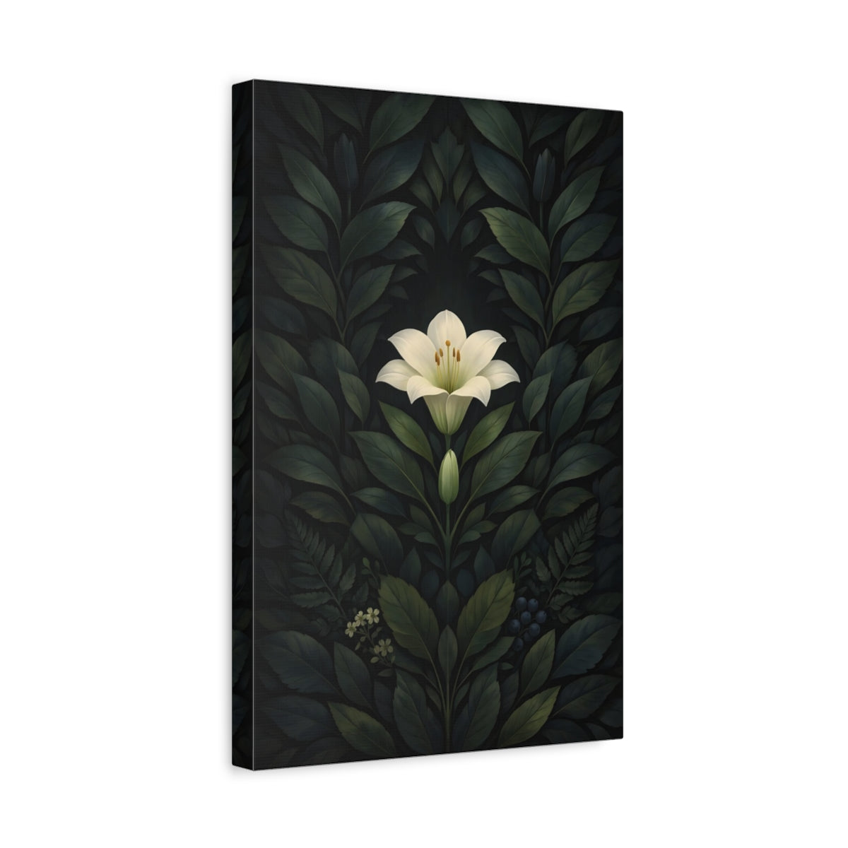 Floral White Lily Dark Green - Canvas Wall Art Print