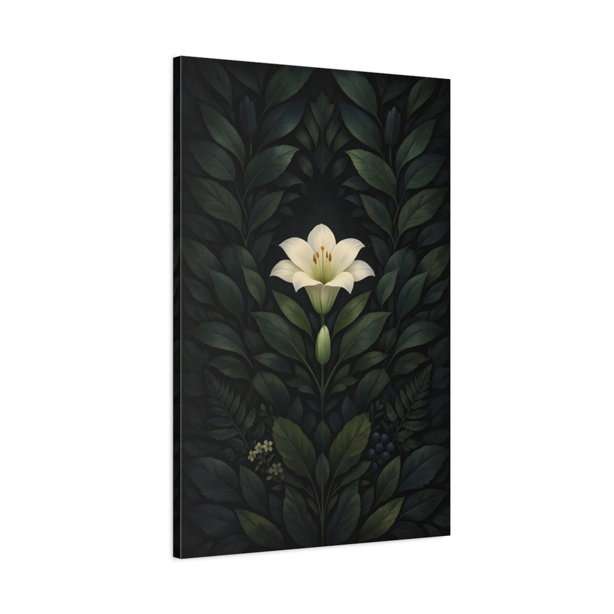 Floral White Lily Dark Green - Canvas Wall Art Print
