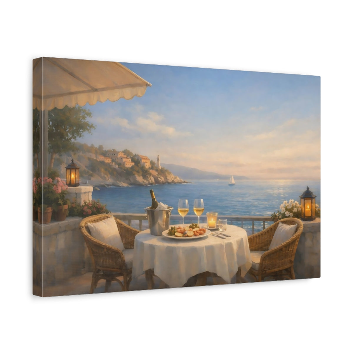Seascape Seaside Bistro Terrace Coastal Dining Nature - Canvas Wall Art Print