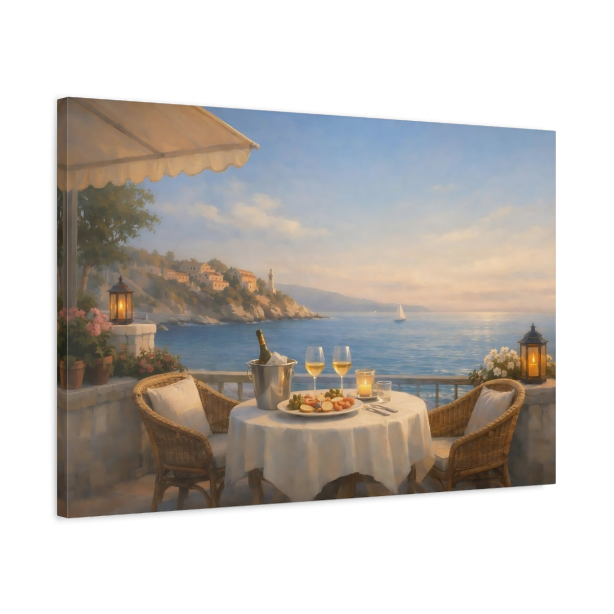 Seascape Seaside Bistro Terrace Coastal Dining Nature - Canvas Wall Art Print