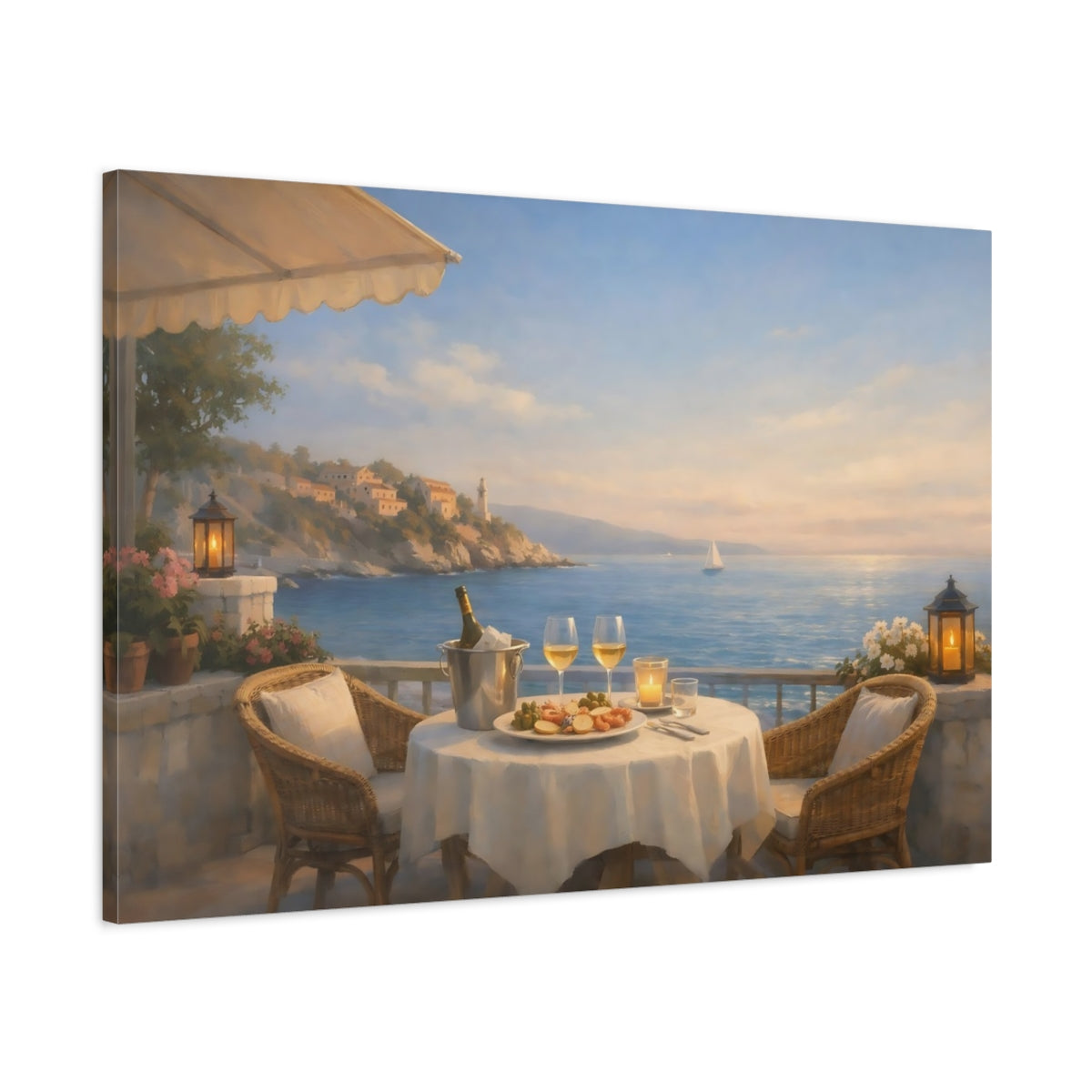 Seascape Seaside Bistro Terrace Coastal Dining Nature - Canvas Wall Art Print