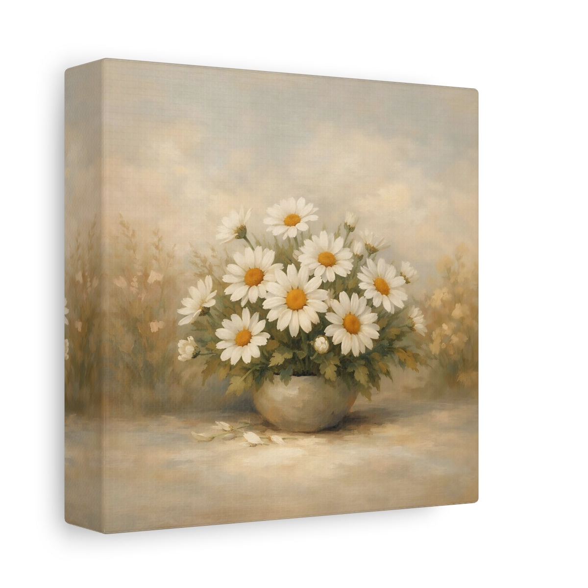 Side Mockup 1. Floral Daisies White Daisies shown as stretched canvas wall art