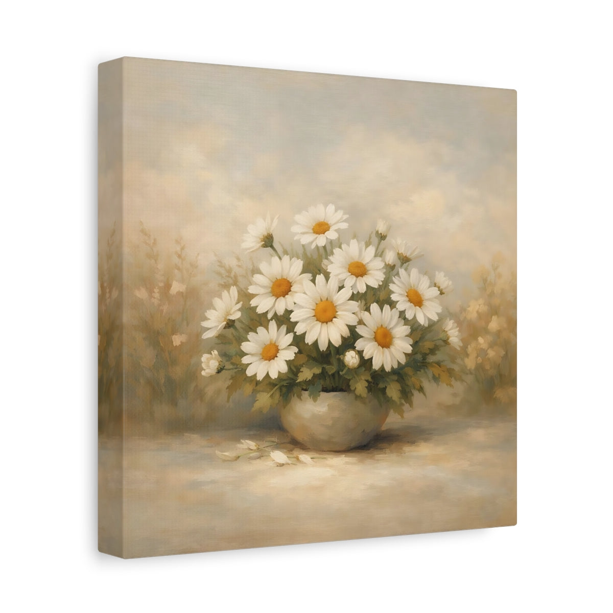 Side Mockup 9. Floral Daisies White Daisies shown as stretched canvas wall art