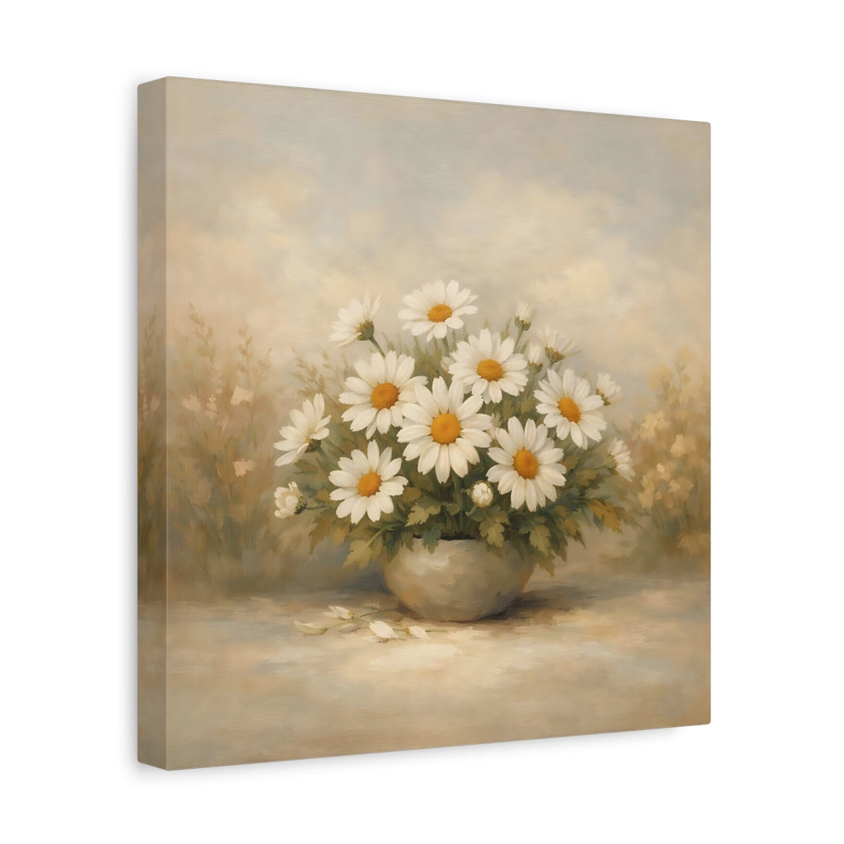 Side Mockup 8. Floral Daisies White Daisies shown as stretched canvas wall art