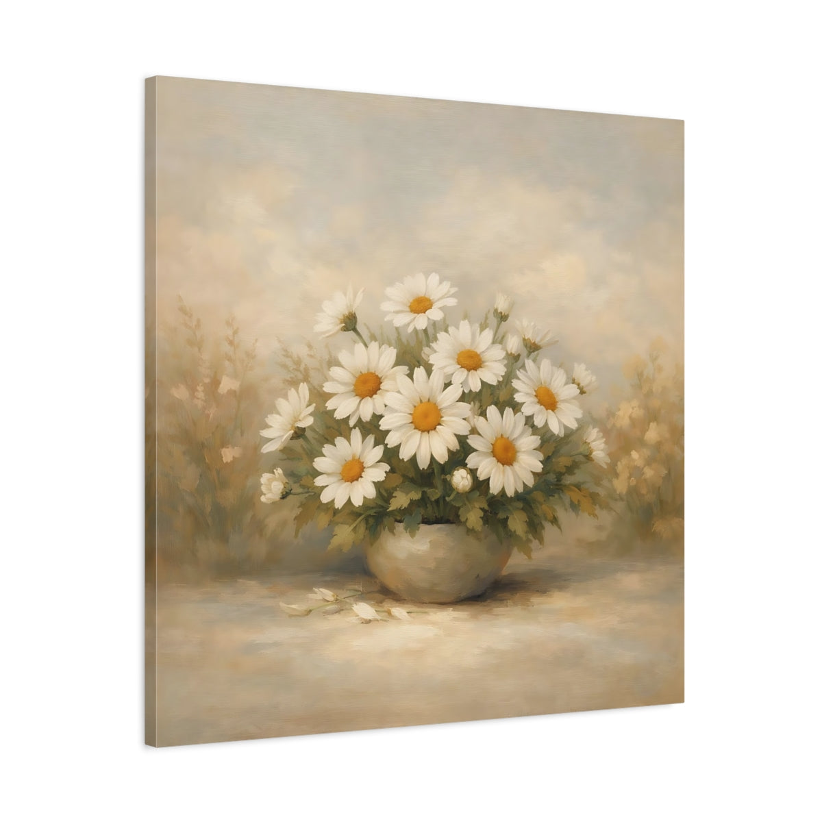 Side Mockup 3. Floral Daisies White Daisies shown as stretched canvas wall art