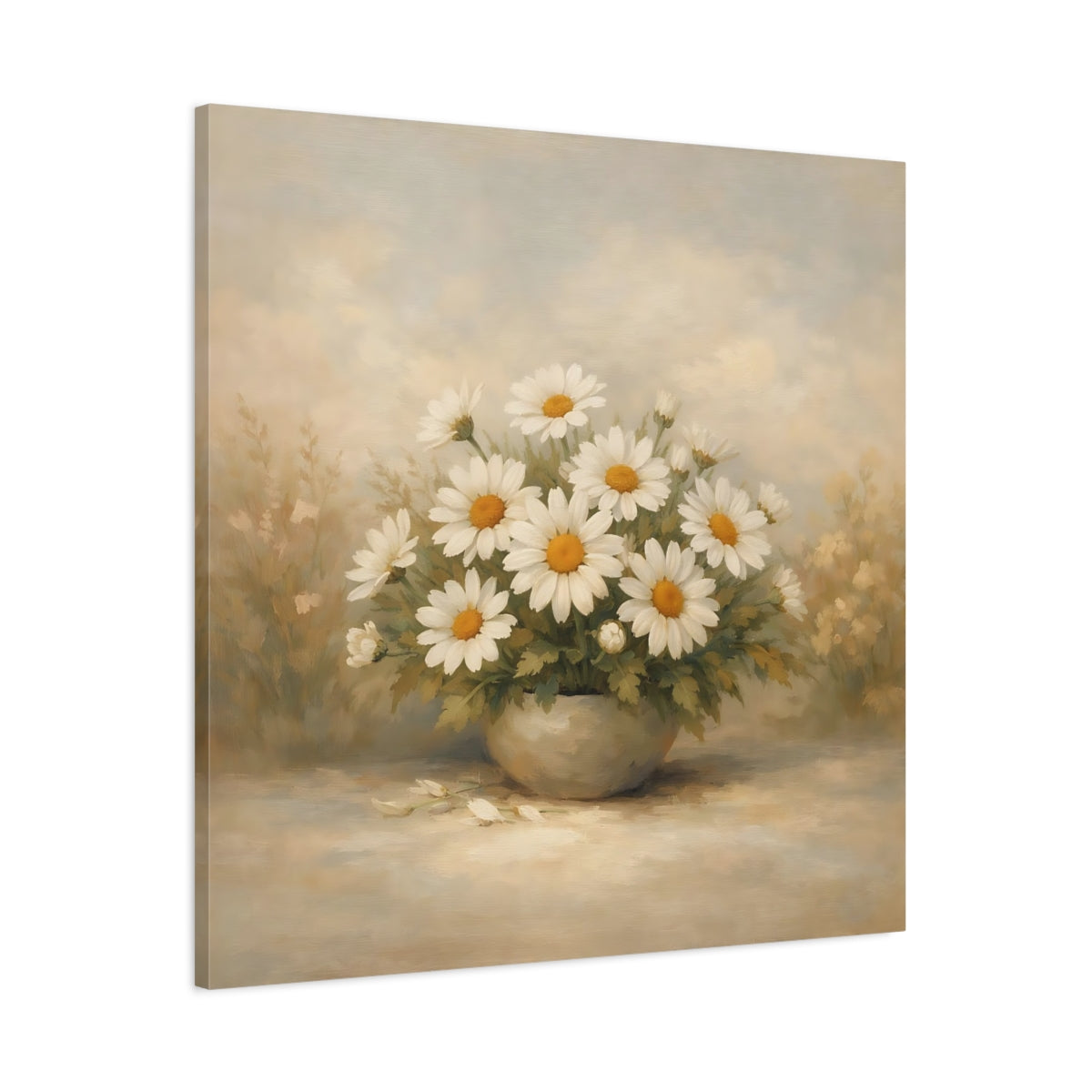 Side Mockup 2. Floral Daisies White Daisies shown as stretched canvas wall art