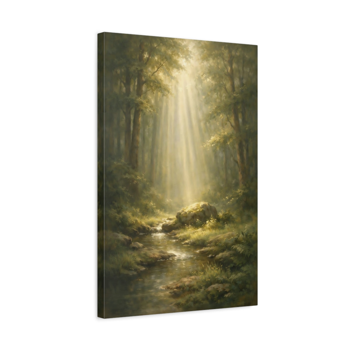 Side Mockup 3. Nature Sunlit Forest Green Forest shown as stretched canvas wall art