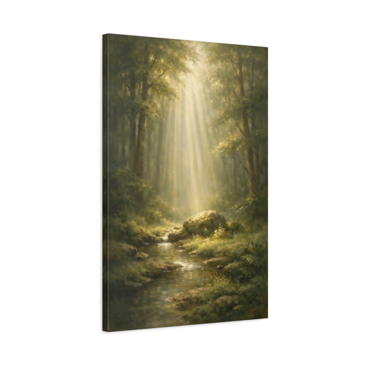 Side Mockup 2. Nature Sunlit Forest Green Forest shown as stretched canvas wall art