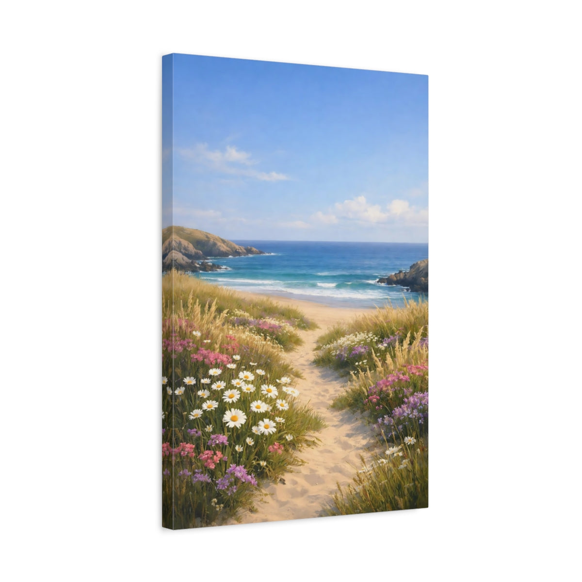 Side Mockup 3. Nature Beach Path Coastal Landscape shown as stretched canvas wall art