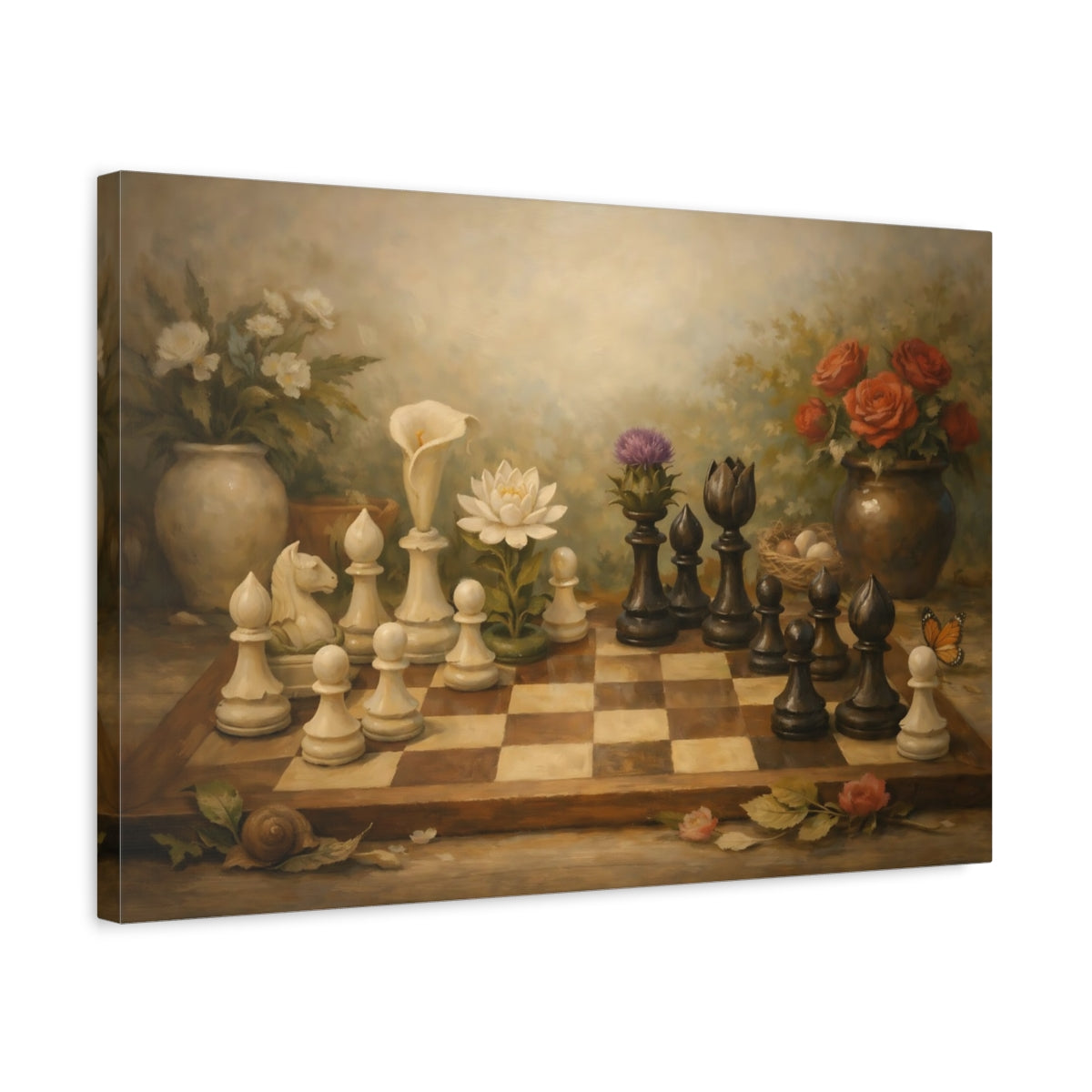 Side Mockup 3. Botanical Chess Pieces And Board Harmony Scene shown as stretched canvas wall art