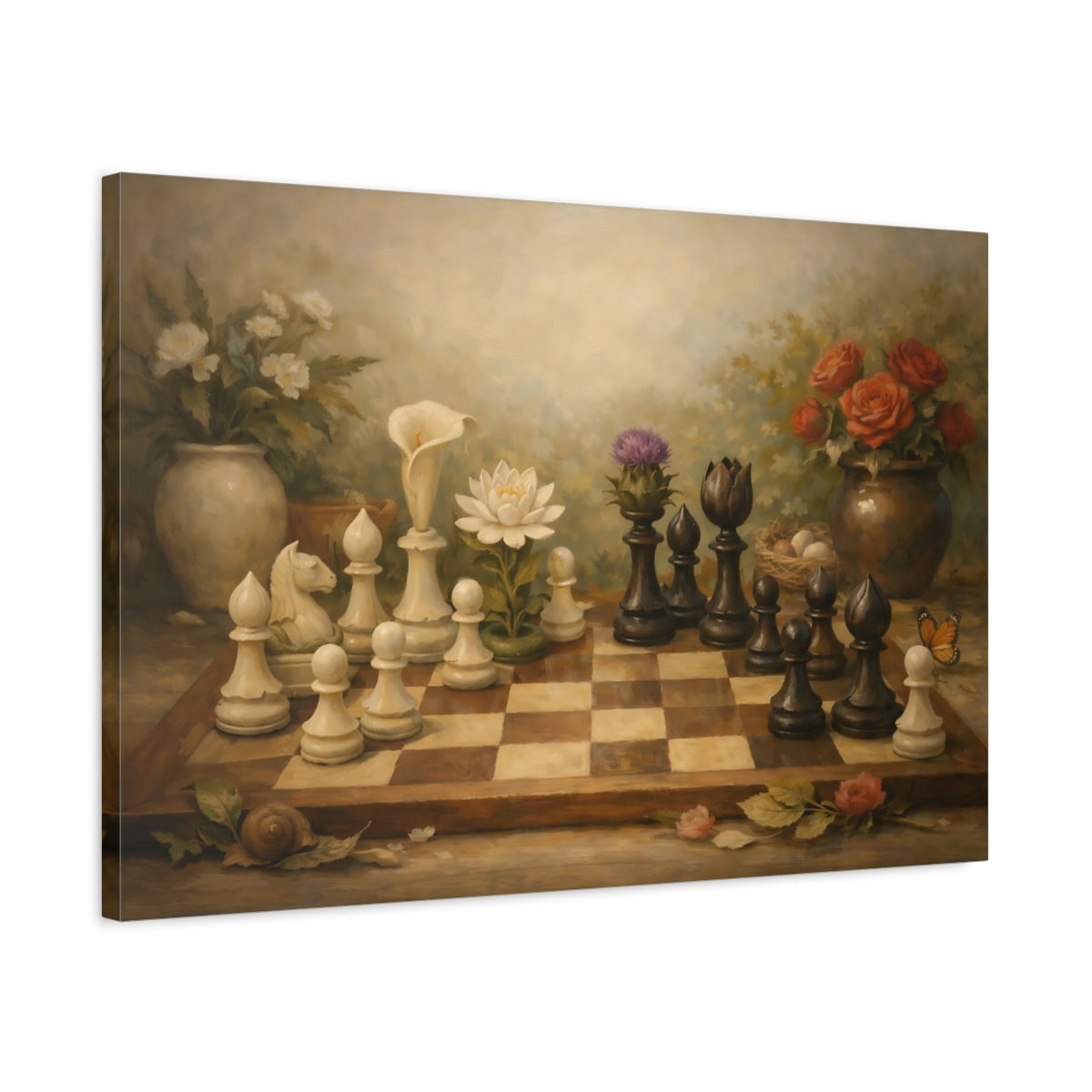 Side Mockup 2. Botanical Chess Pieces And Board Harmony Scene shown as stretched canvas wall art