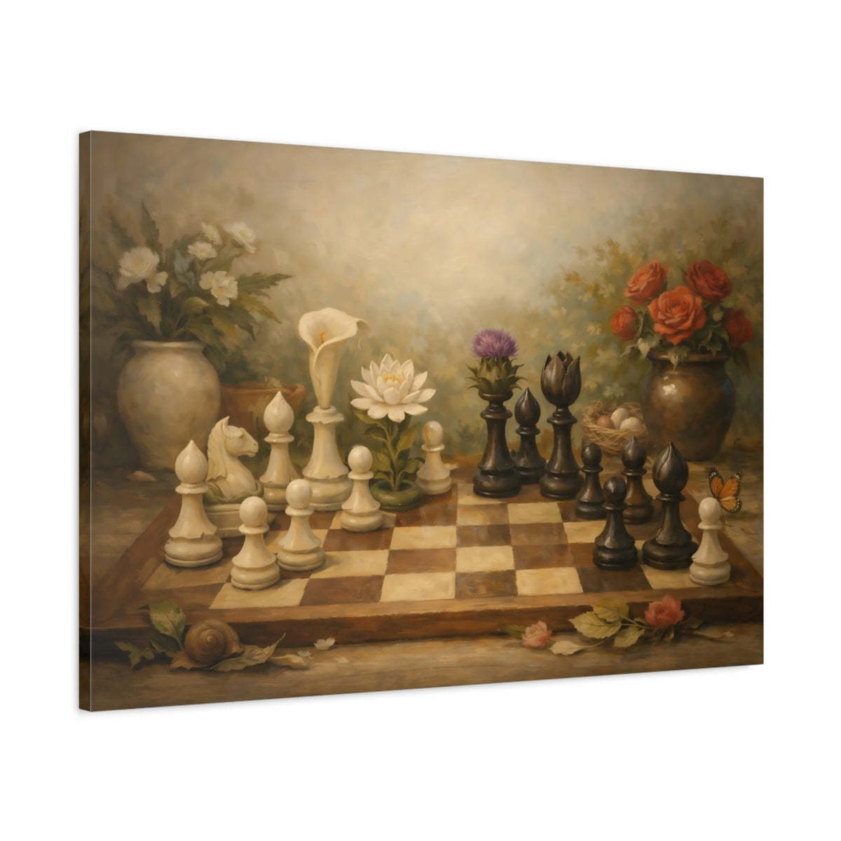 Side Mockup 1. Botanical Chess Pieces And Board Harmony Scene shown as stretched canvas wall art