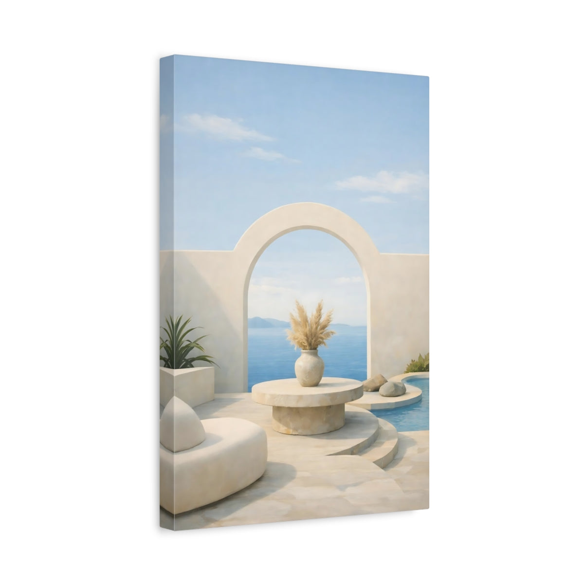 Side Mockup 4. Nature Ocean View Beige Blue Scene shown as stretched canvas wall art