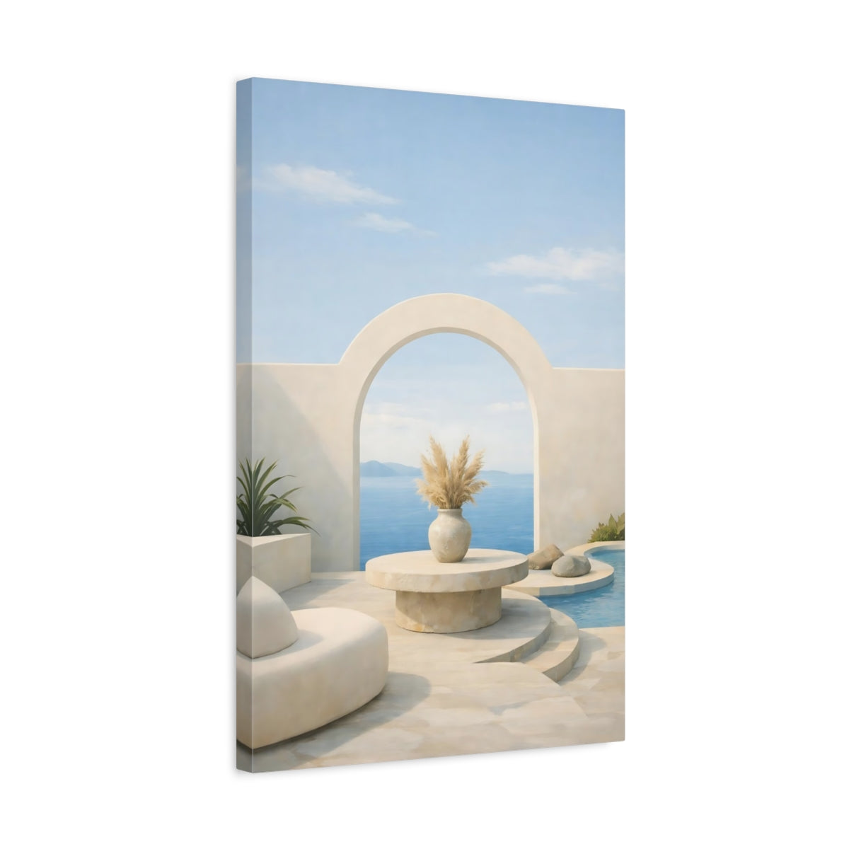 Side Mockup 3. Nature Ocean View Beige Blue Scene shown as stretched canvas wall art