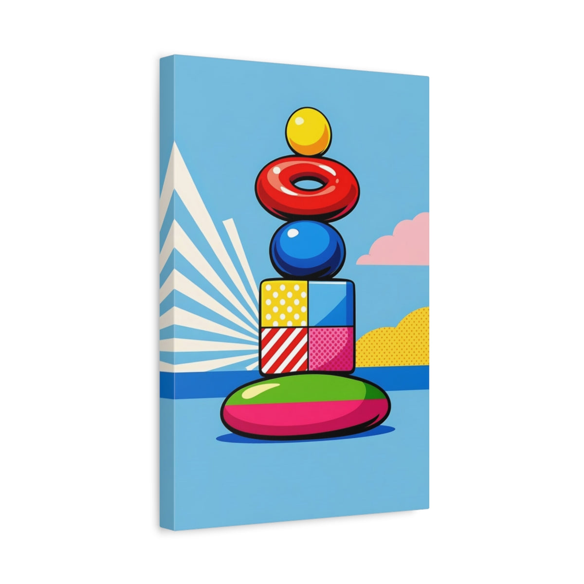 Side Mockup 4. Abstract Stacked Shapes Colorful Abstract Shapes shown as stretched canvas wall art