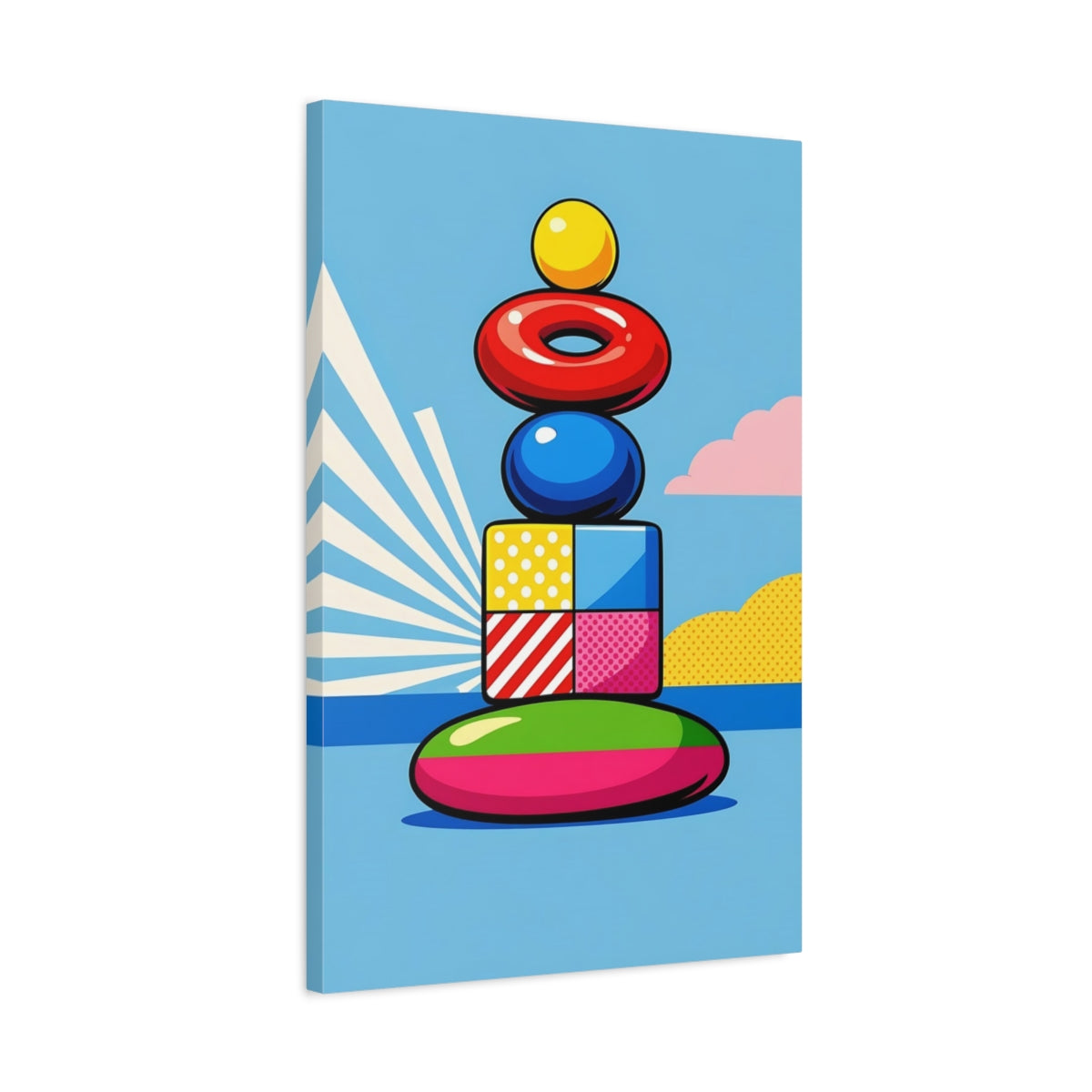 Side Mockup 2. Abstract Stacked Shapes Colorful Abstract Shapes shown as stretched canvas wall art