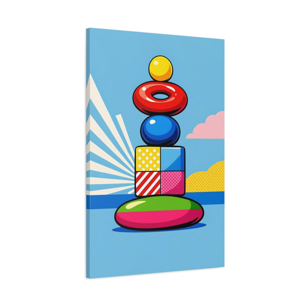 Side Mockup 1. Abstract Stacked Shapes Colorful Abstract Shapes shown as stretched canvas wall art