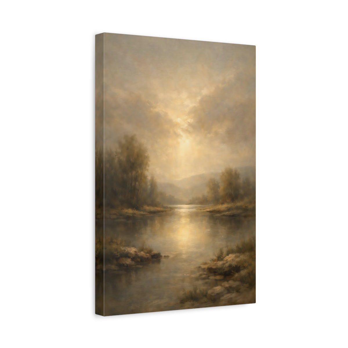 Side Mockup 4. Nature River Landscape Golden River Landscape shown as stretched canvas wall art