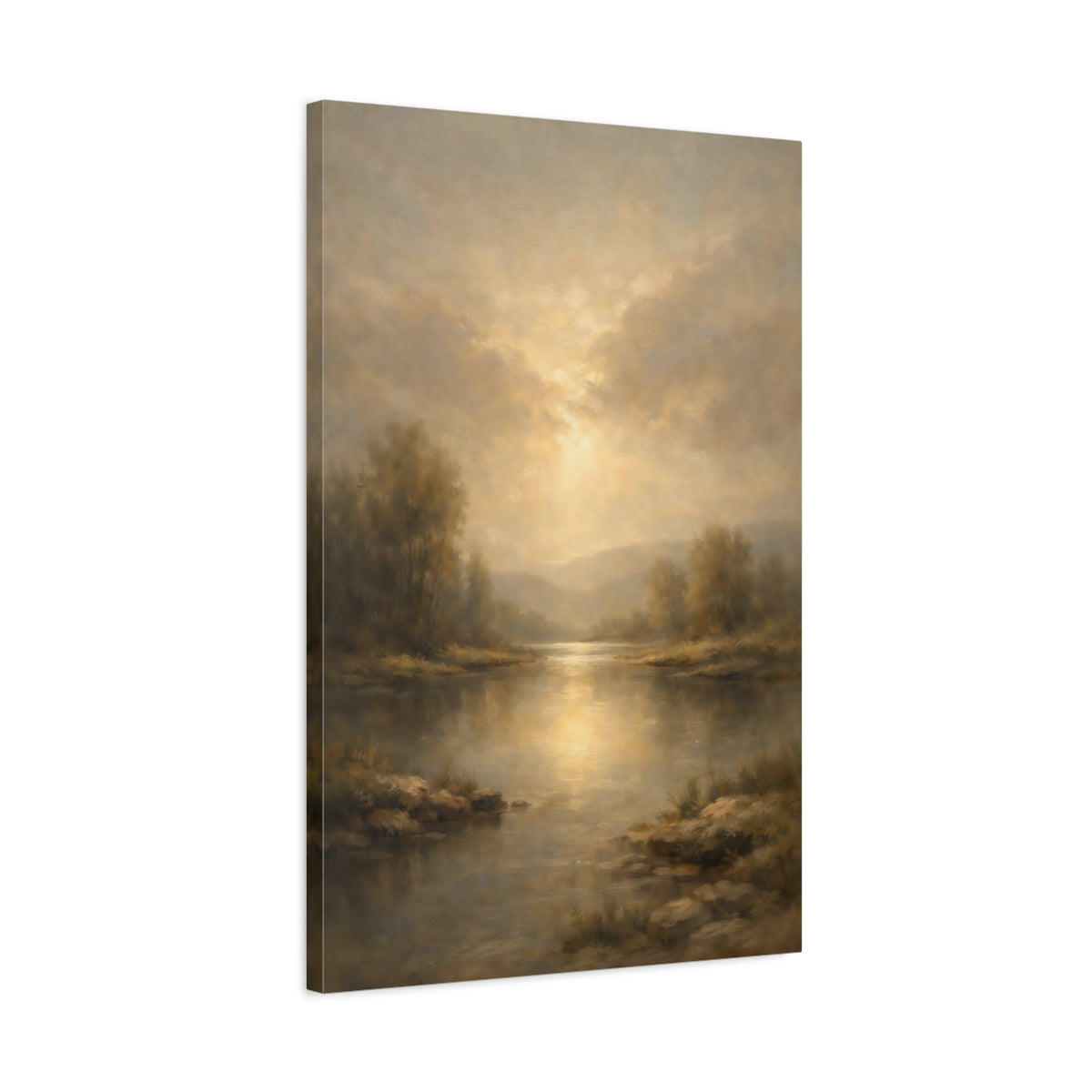Side Mockup 2. Nature River Landscape Golden River Landscape shown as stretched canvas wall art