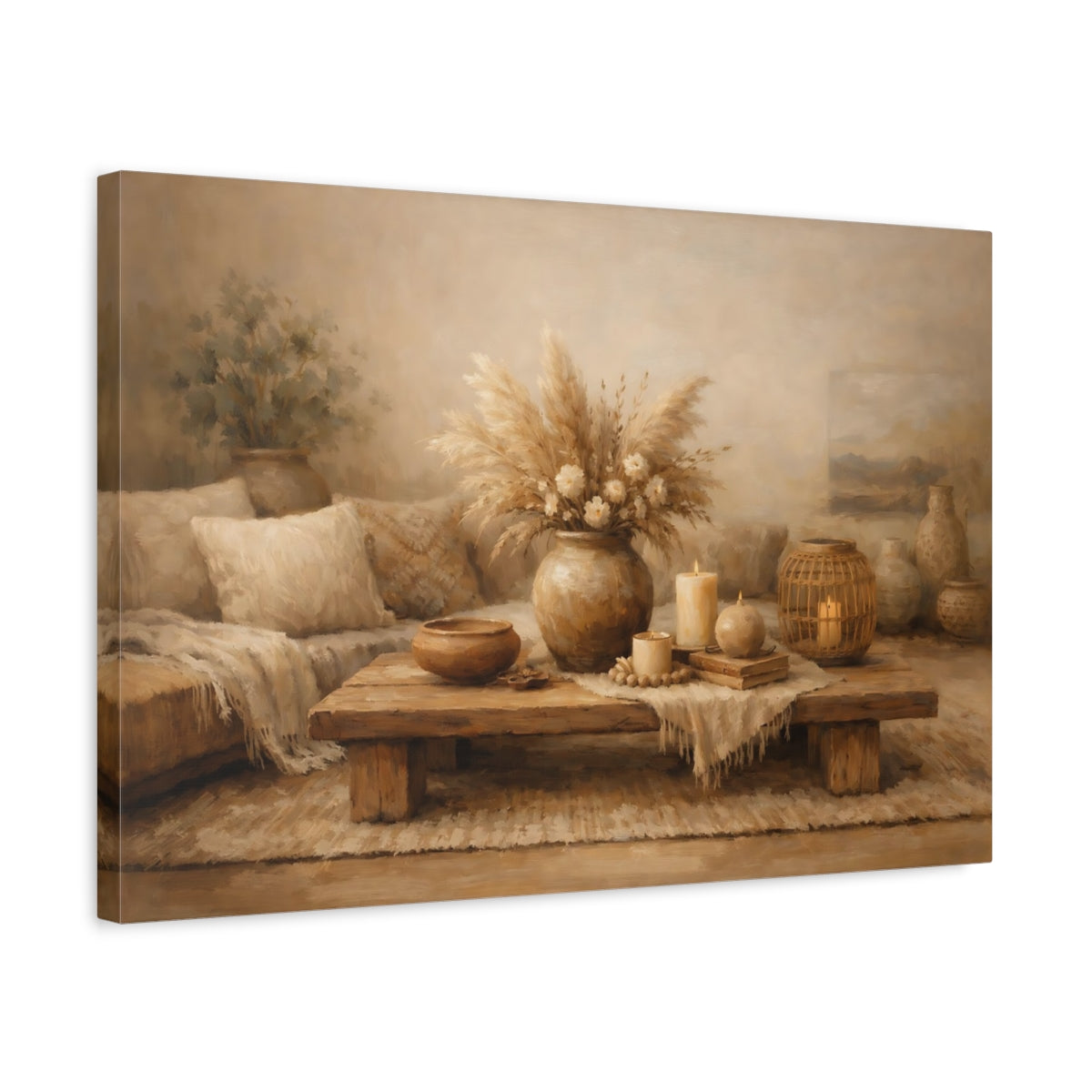 Side Mockup 3. Nature Pampas Grass Brown And Beige shown as stretched canvas wall art
