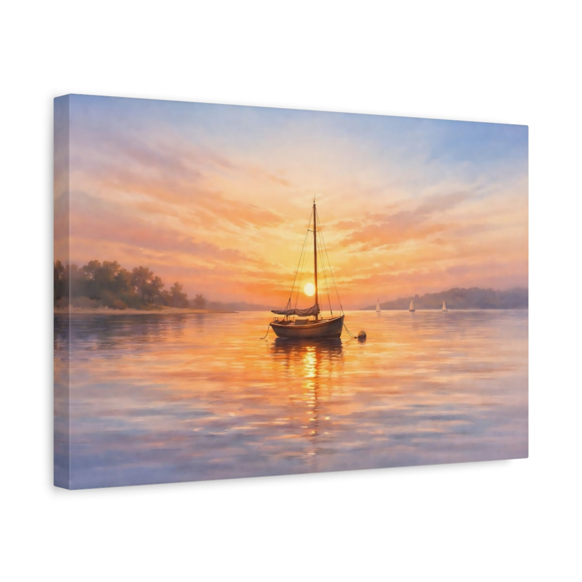Side Mockup 4. Watercolor Sunset Boat shown as stretched canvas wall art