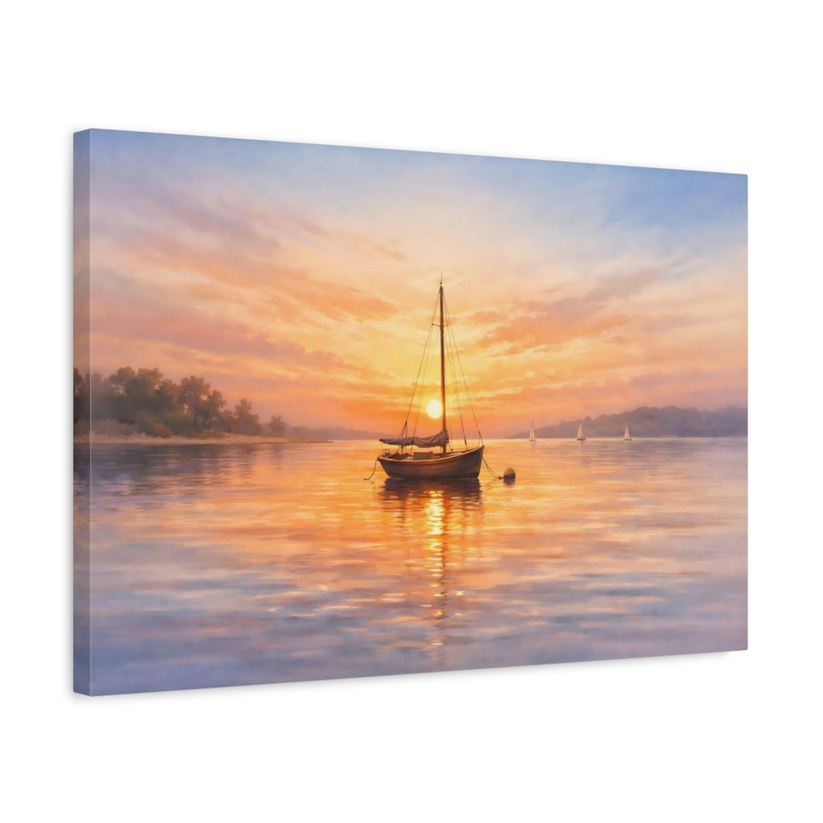 Side Mockup 3. Watercolor Sunset Boat shown as stretched canvas wall art
