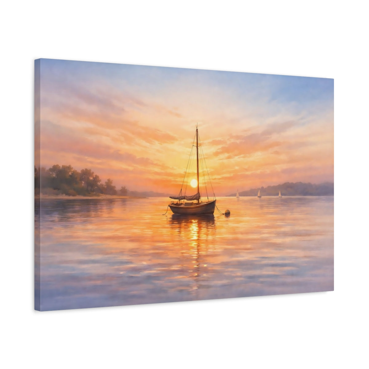 Side Mockup 2. Watercolor Sunset Boat shown as stretched canvas wall art