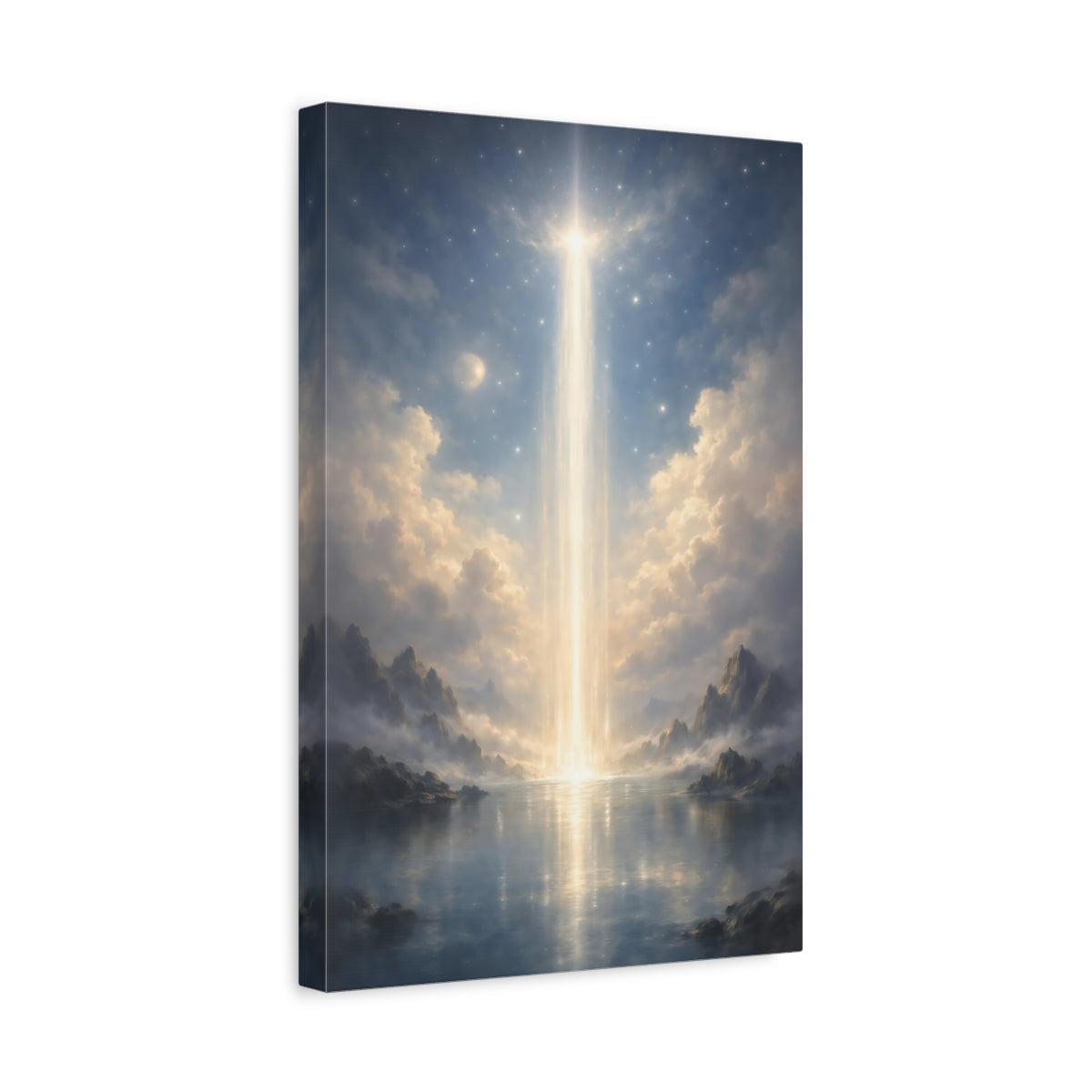 Side Mockup 4. Nature Ethereal Light Blue And Gold shown as stretched canvas wall art