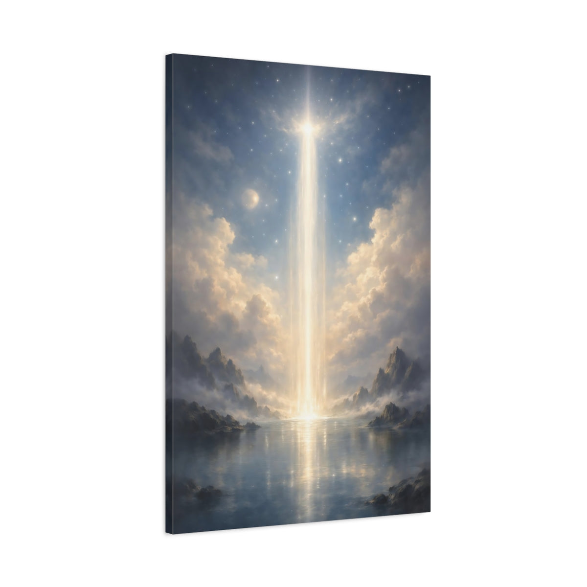 Side Mockup 1. Nature Ethereal Light Blue And Gold shown as stretched canvas wall art