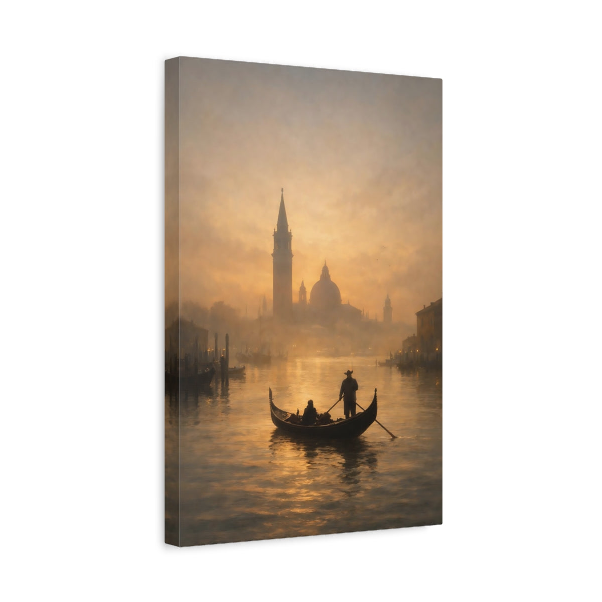 Side Mockup 4. Vintage Gondola Golden Canal shown as stretched canvas wall art
