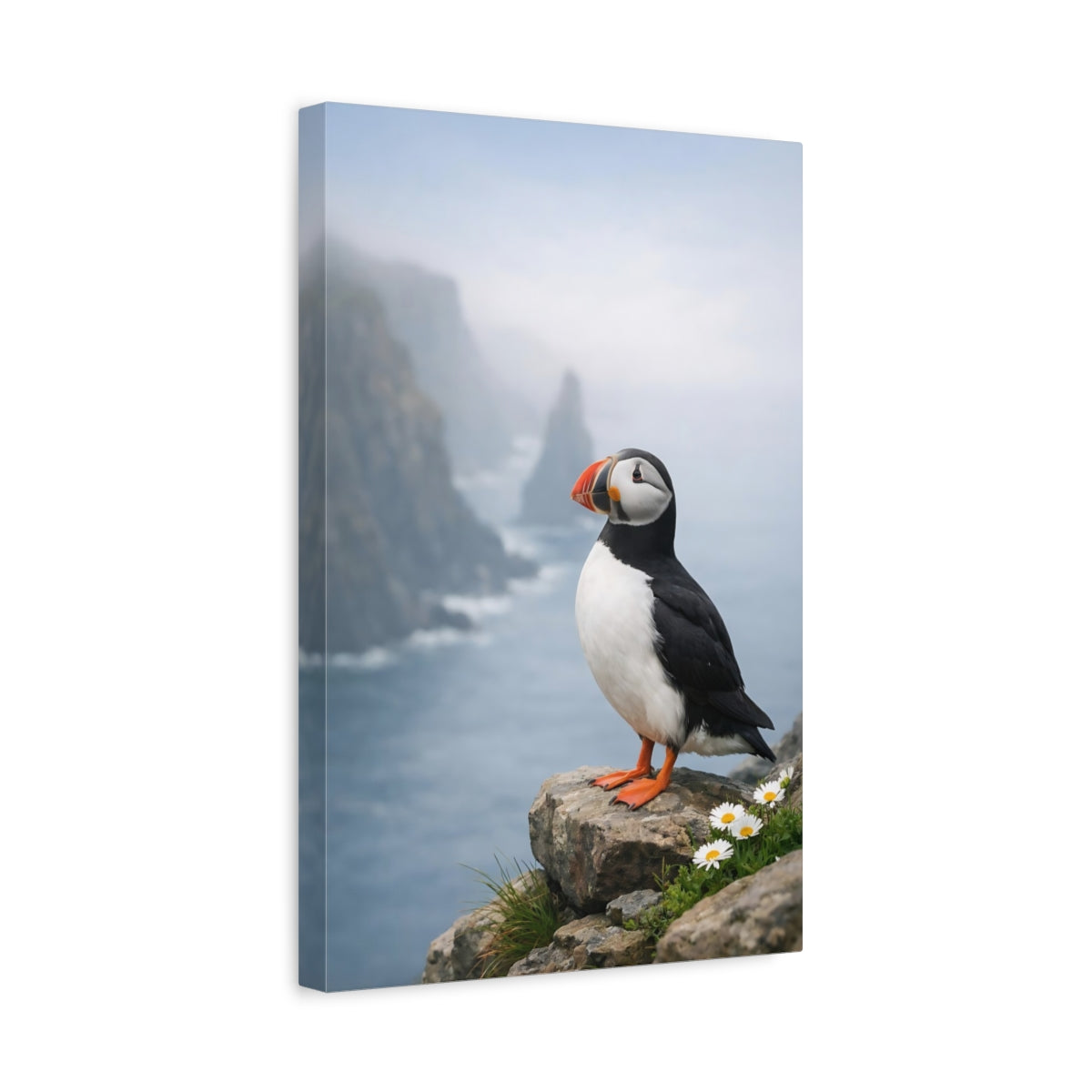 Side Mockup 4. Birds Puffin Puffin Ocean shown as stretched canvas wall art