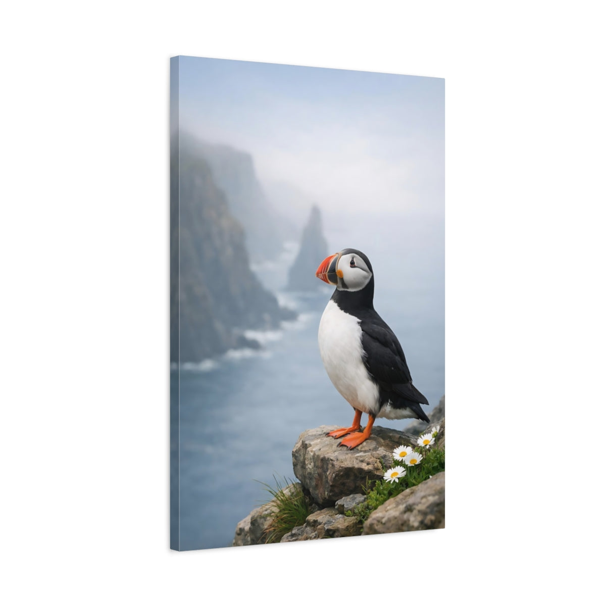 Side Mockup 2. Birds Puffin Puffin Ocean shown as stretched canvas wall art