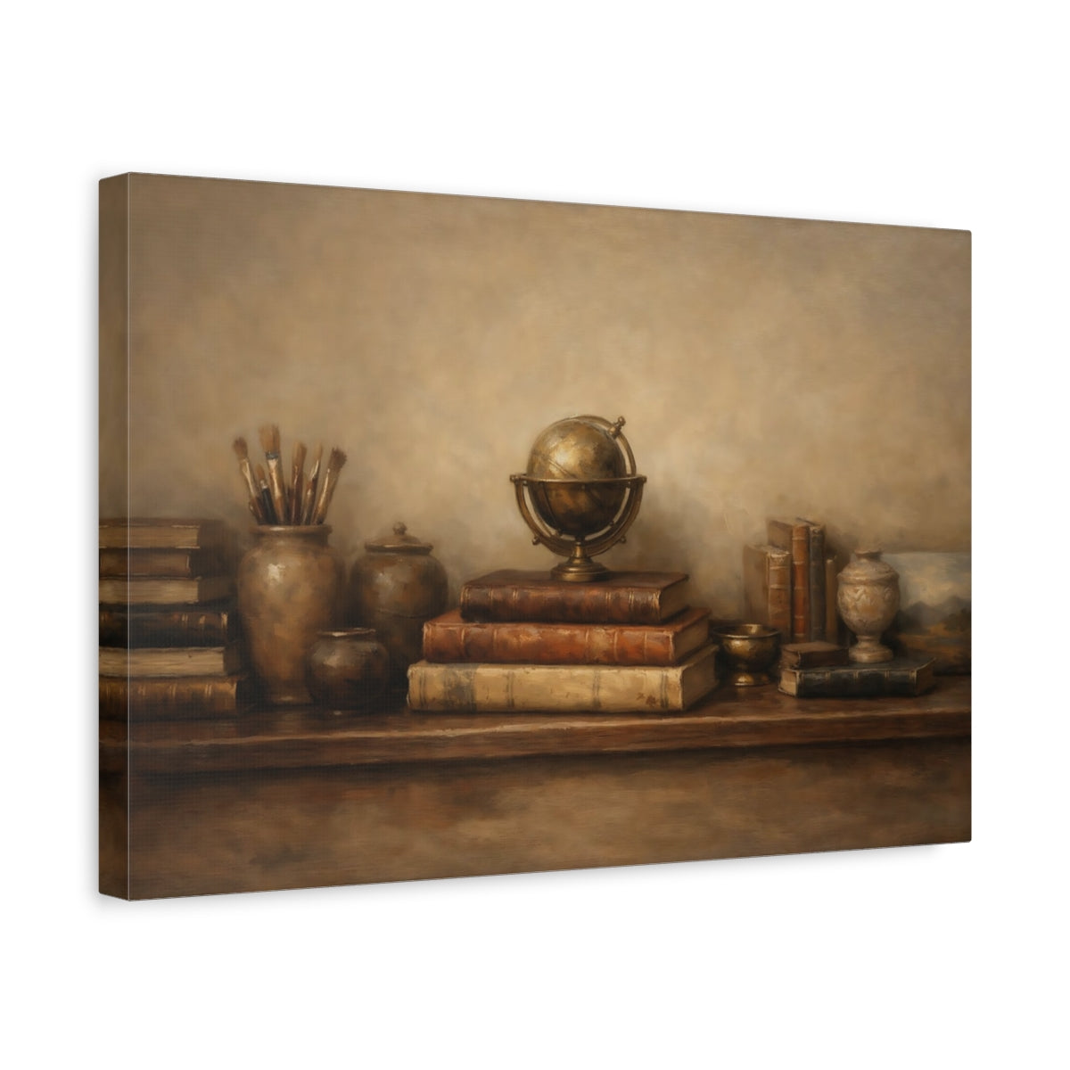 Side Mockup 4. Panoramic Abstract Bookshelf Wide Curated Composition shown as stretched canvas wall art