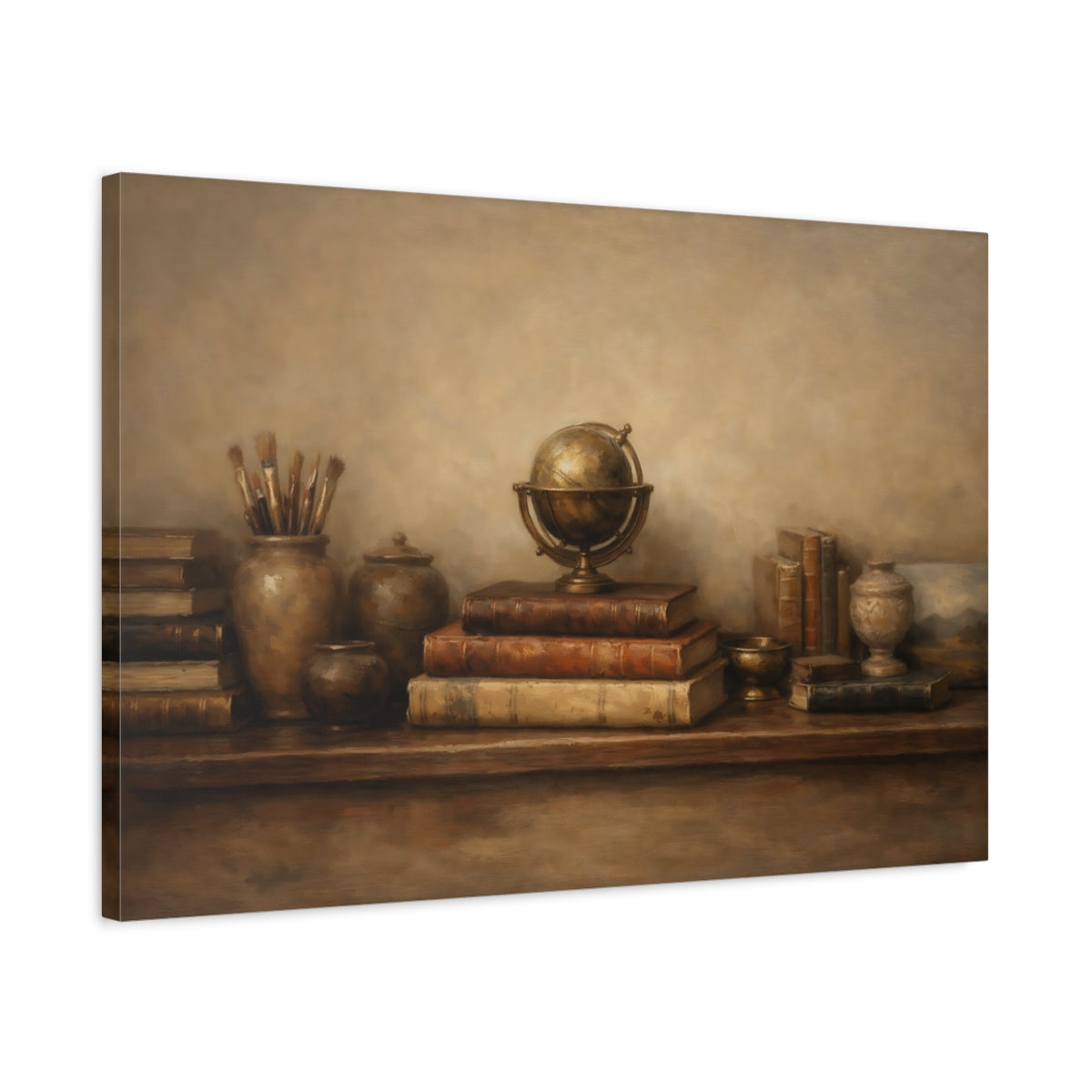 Side Mockup 2. Panoramic Abstract Bookshelf Wide Curated Composition shown as stretched canvas wall art