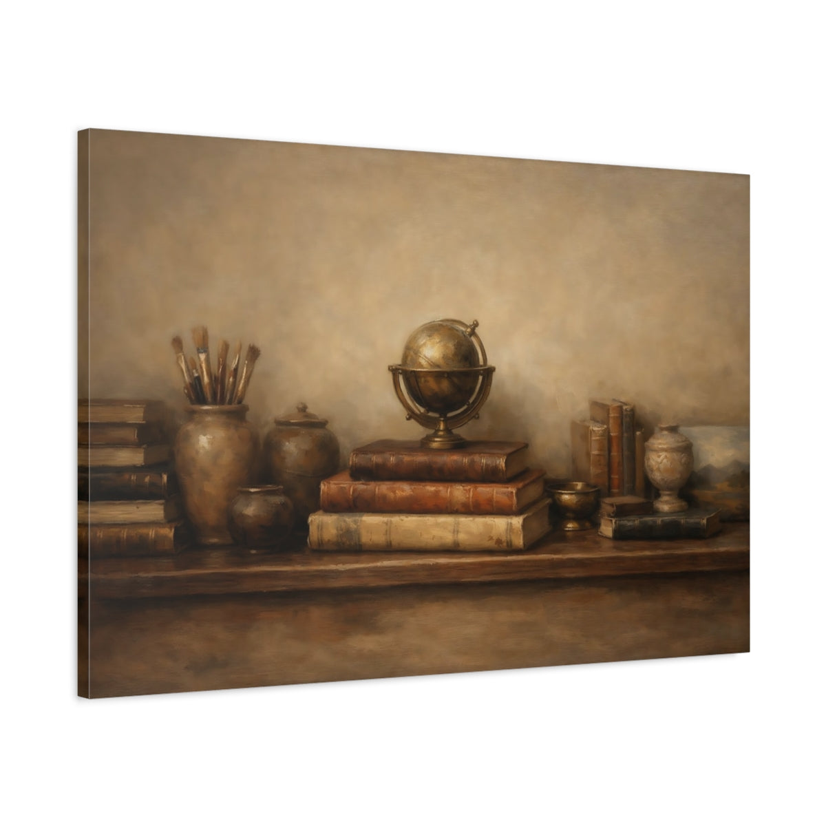 Side Mockup 1. Panoramic Abstract Bookshelf Wide Curated Composition shown as stretched canvas wall art