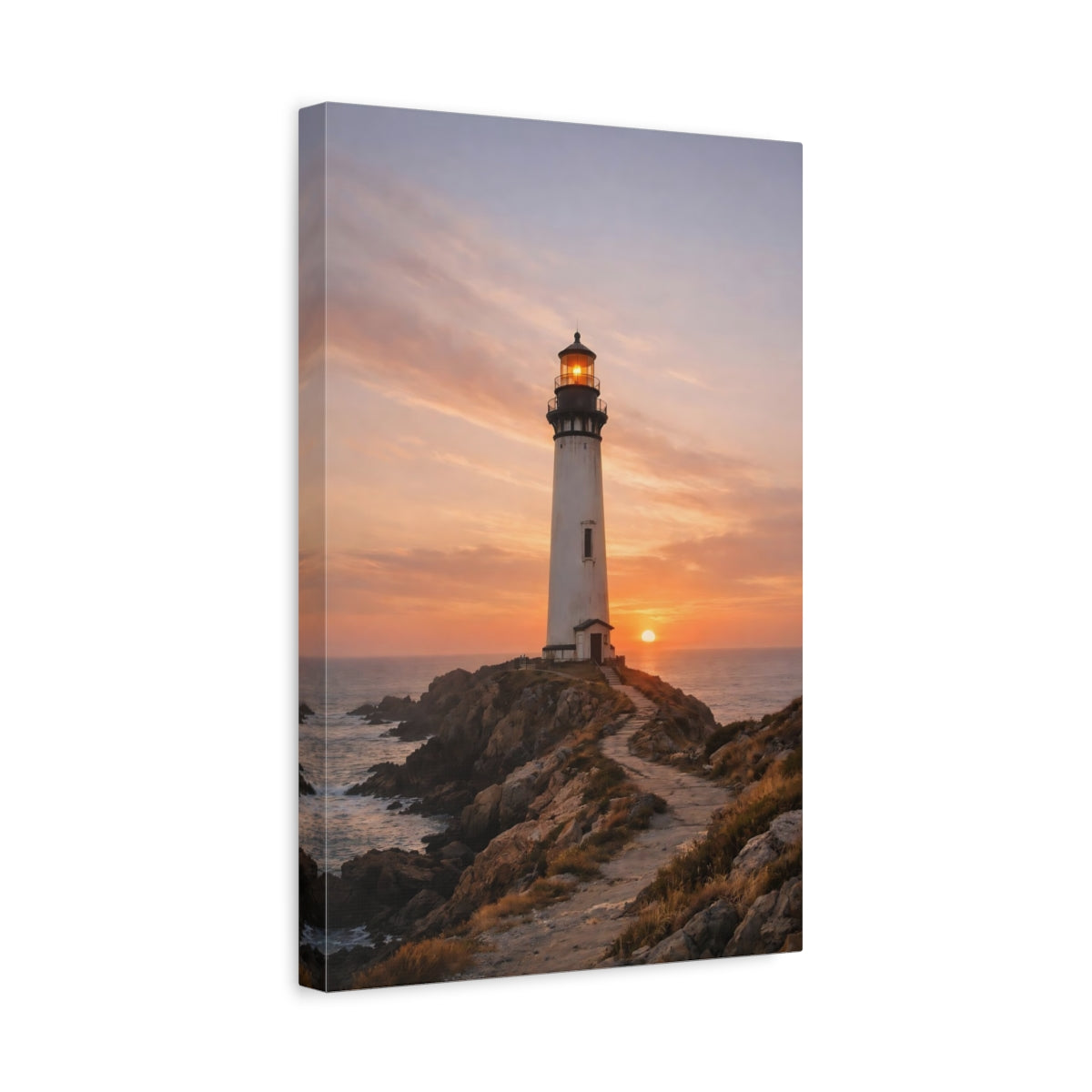 Side Mockup 4. Nature Lighthouse Lighthouse Sunset shown as stretched canvas wall art