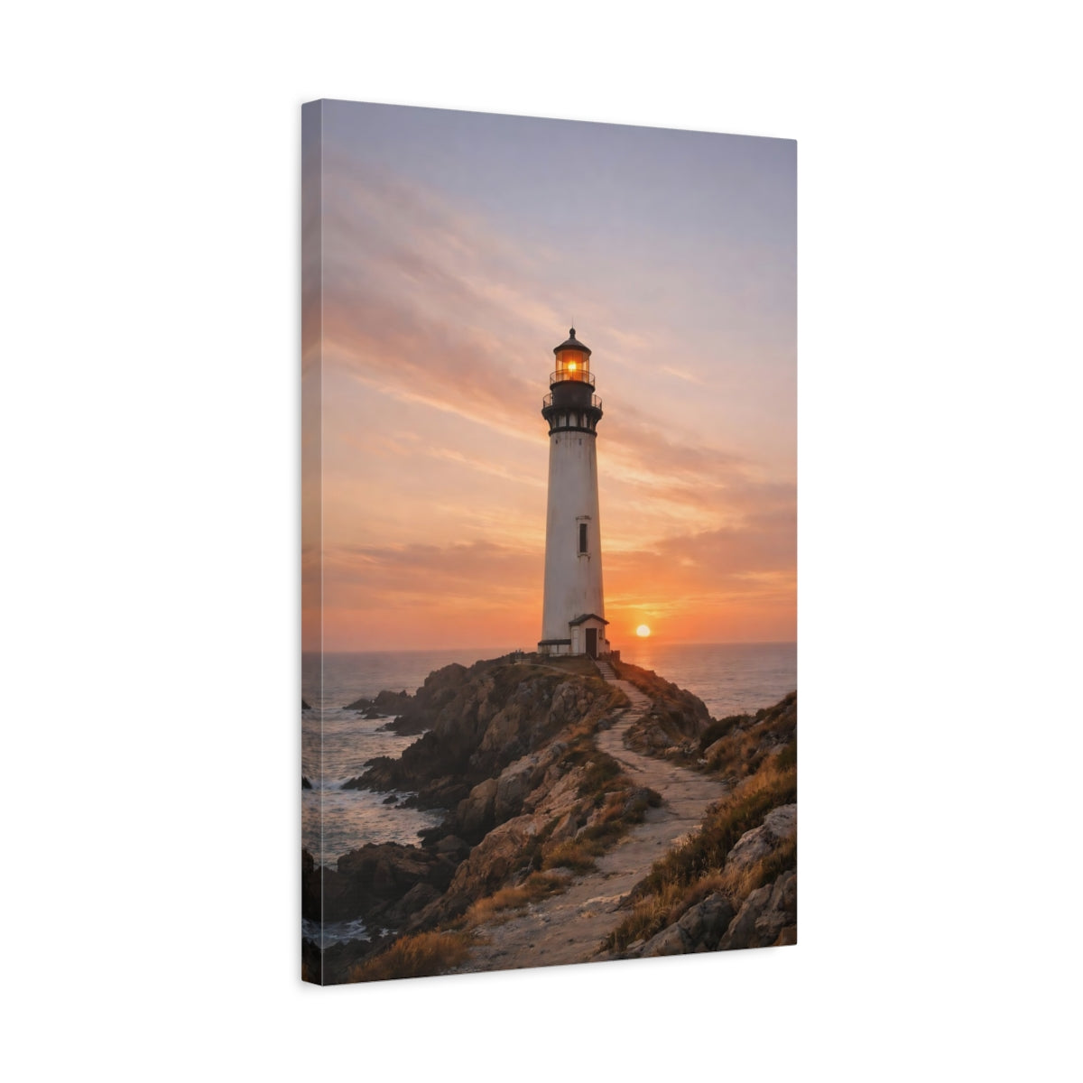 Side Mockup 3. Nature Lighthouse Lighthouse Sunset shown as stretched canvas wall art