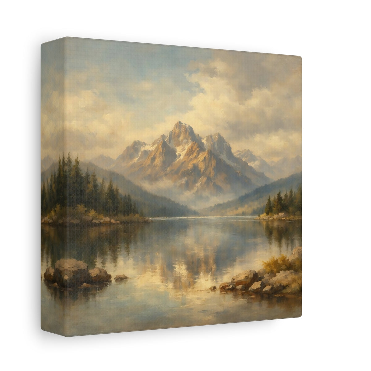 Side Mockup 1. Nature Mountain Lake Golden Mountain Lake shown as stretched canvas wall art