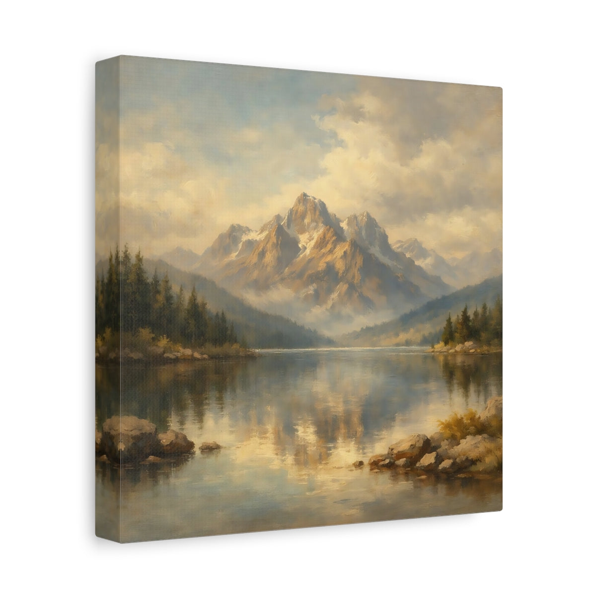 Side Mockup 9. Nature Mountain Lake Golden Mountain Lake shown as stretched canvas wall art