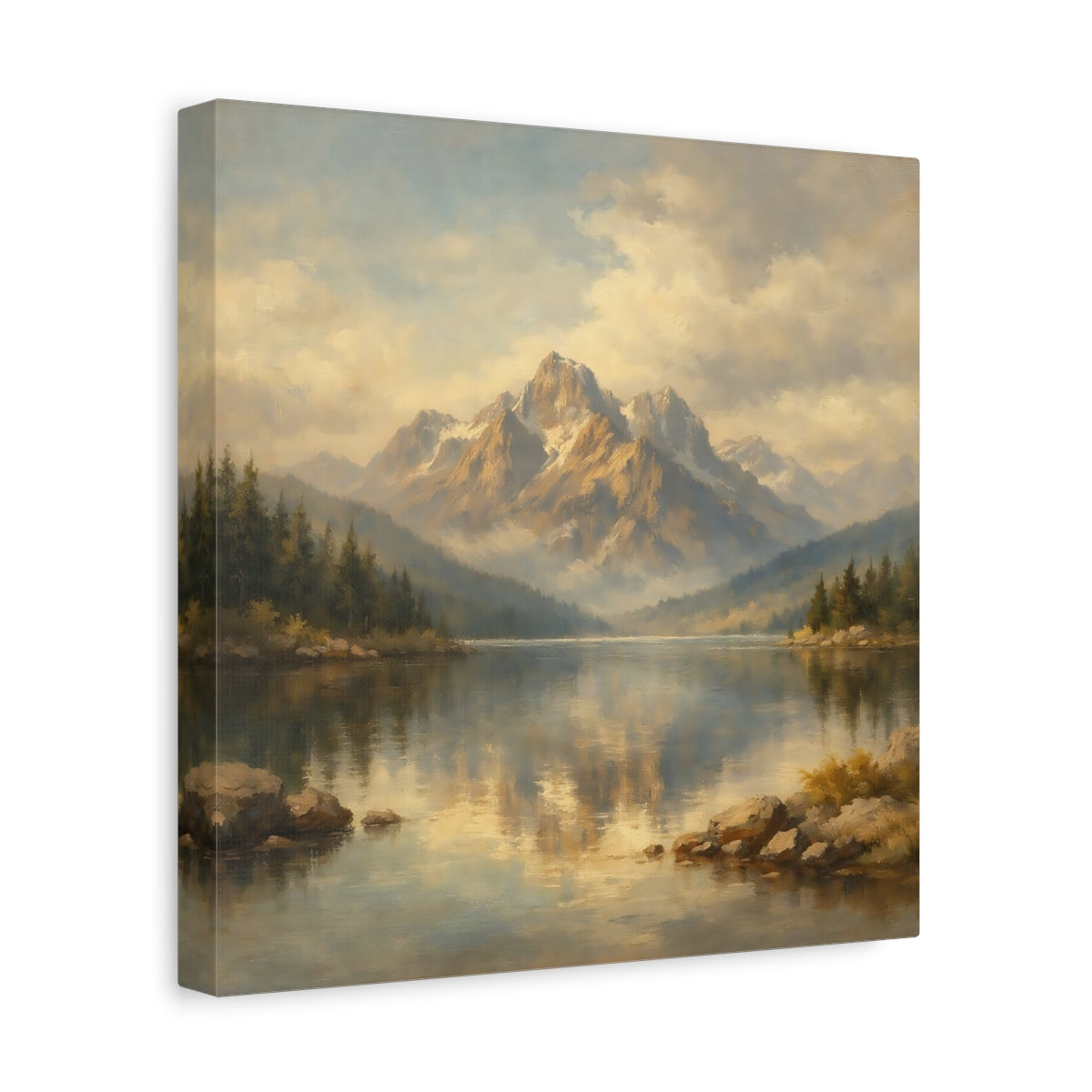 Side Mockup 8. Nature Mountain Lake Golden Mountain Lake shown as stretched canvas wall art