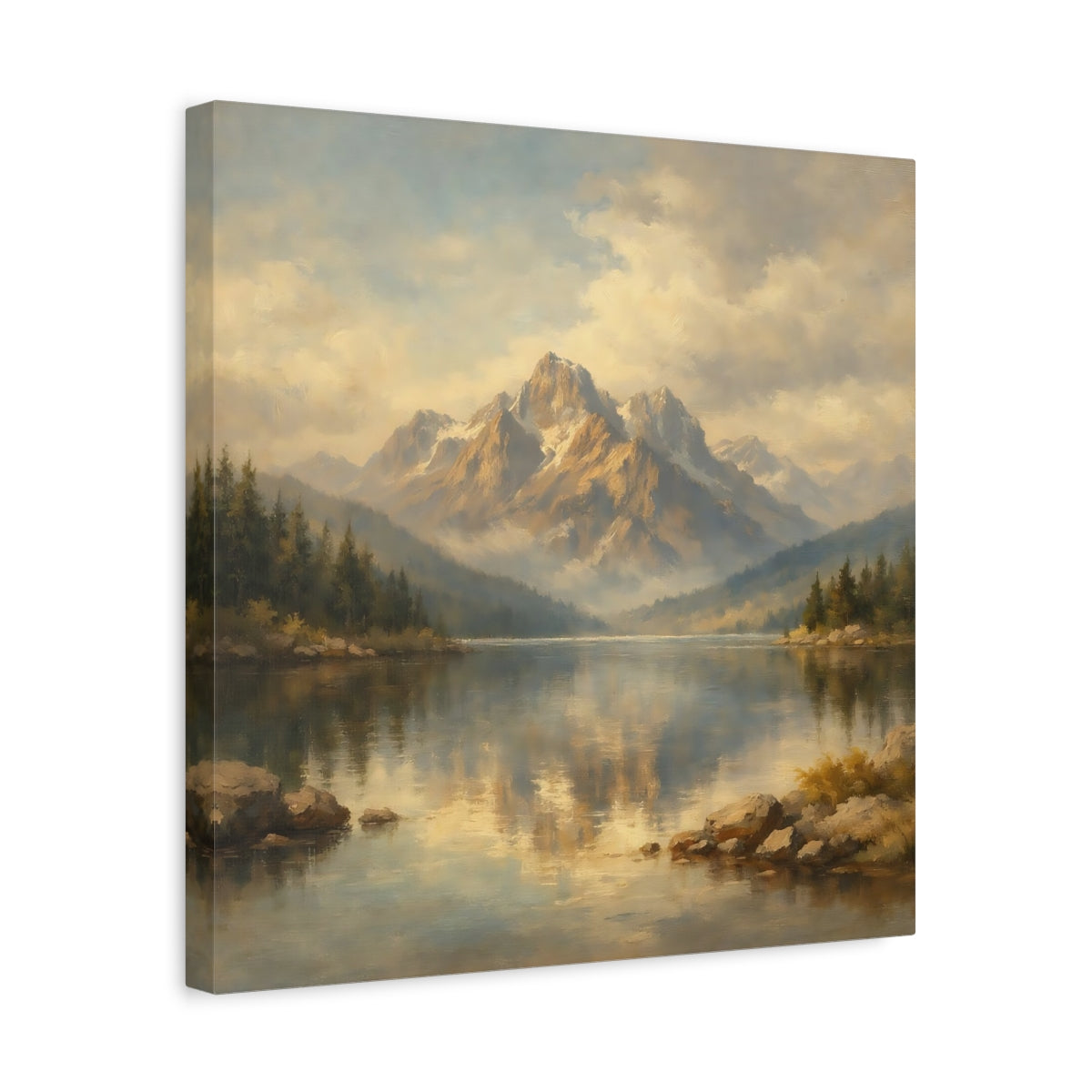 Side Mockup 6. Nature Mountain Lake Golden Mountain Lake shown as stretched canvas wall art
